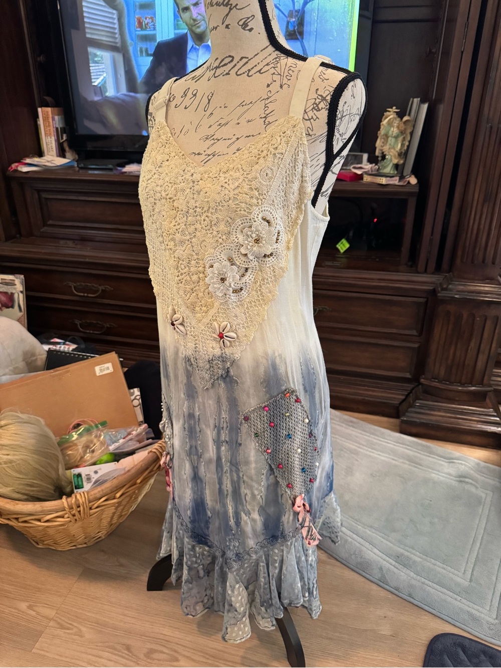 Positano m-l Boho Crochet Applique Maxi Dress in Cream and Blue from Italy 🇮🇹